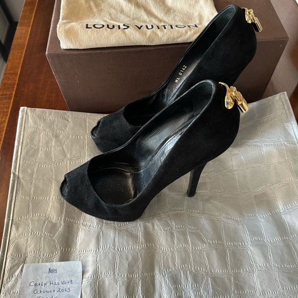 Black suede Louis Vuitton Lock Skyhigh Peeptoe heels - Picture 4 of 4